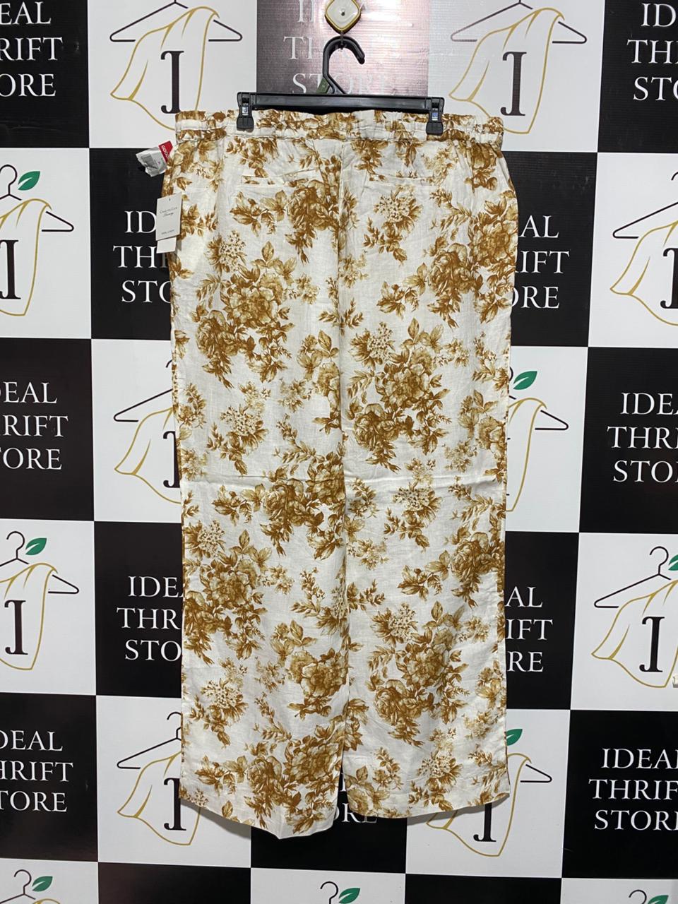 LINEN CHARTER CLUB|XL|WAIST 38|B12|Linen Flax Wide-Leg Crop Tan/White Floral Pants
