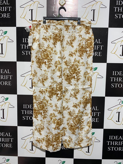 LINEN CHARTER CLUB|XL|WAIST 38|B12|Linen Flax Wide-Leg Crop Tan/White Floral Pants