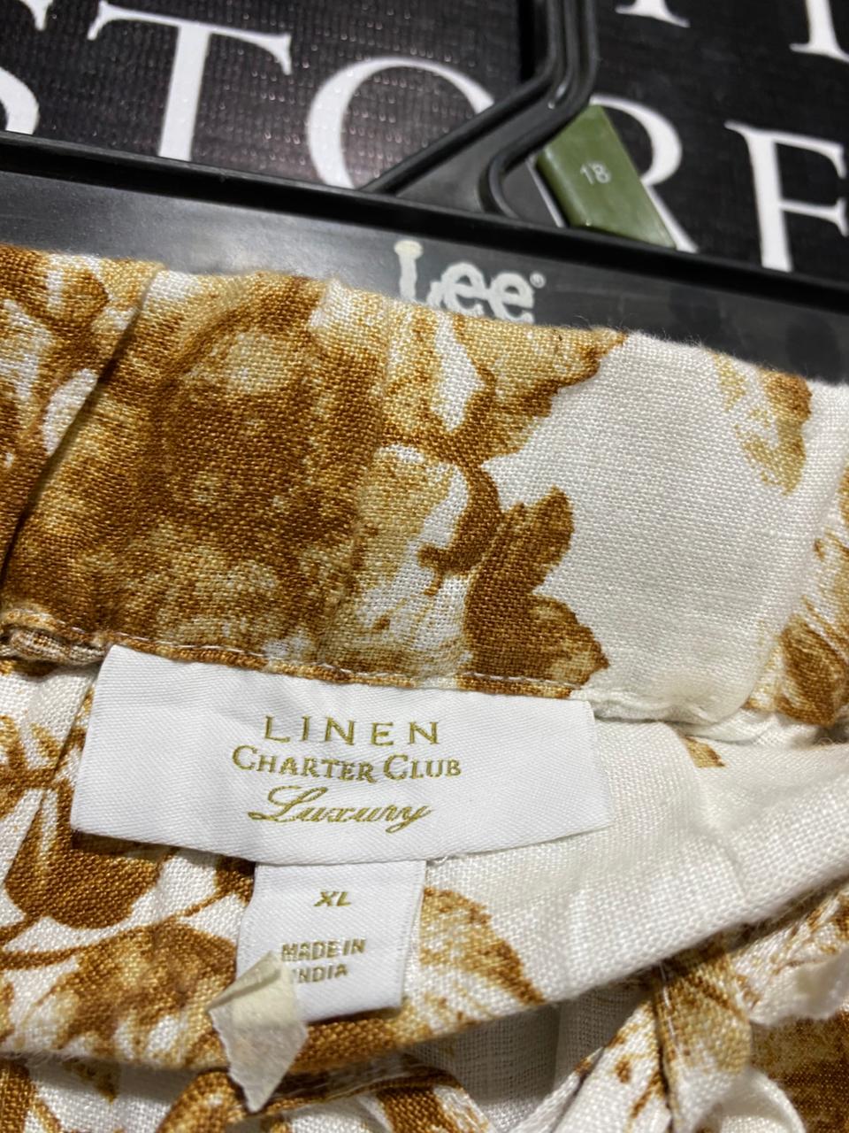 LINEN CHARTER CLUB|XL|WAIST 38|B12|Linen Flax Wide-Leg Crop Tan/White Floral Pants