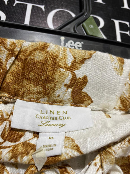 LINEN CHARTER CLUB|XL|WAIST 38|B12|Linen Flax Wide-Leg Crop Tan/White Floral Pants
