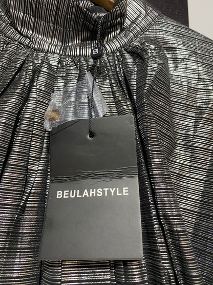 BEULAH STYLE |L| Cordia Gathered Metallic Georgette Peplum Blouse Asymmetrical Pleated Skirt
