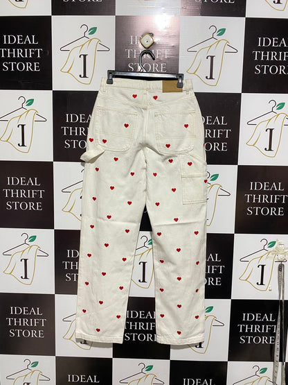 COTTON ON |L| WAIST 30| white or ecru utility jeans with a red heart embroidered pattern