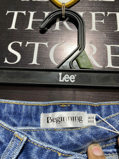 BEGINNING |M| WAIST 28| High-Waisted, Straight-Leg Jeans Embellished With Faux Pearls
