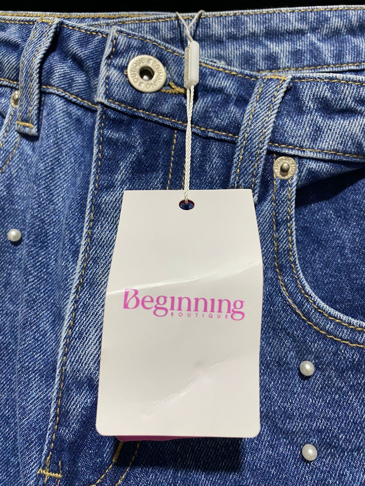 BEGINNING |M| WAIST 28| High-Waisted, Straight-Leg Jeans Embellished With Faux Pearls