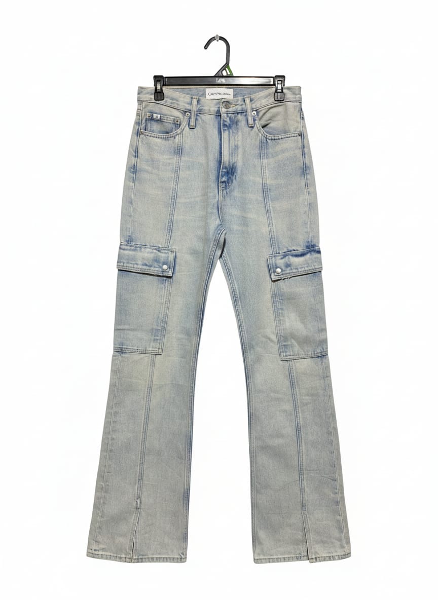 CALVIN KLEIN |L| WAIST 30| B6| Light-Wash Flared Denim Cargo Pants