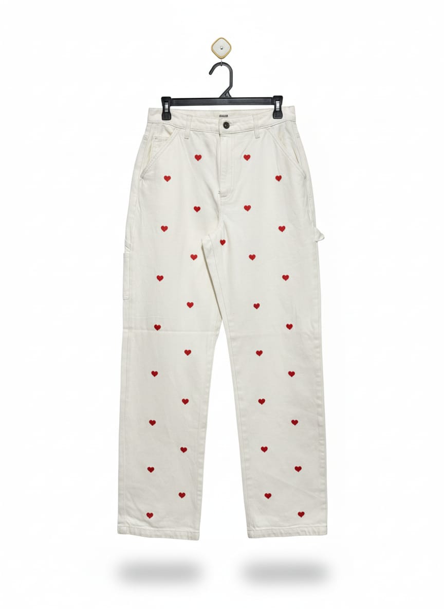 COTTON ON |L| WAIST 30| white or ecru utility jeans with a red heart embroidered pattern