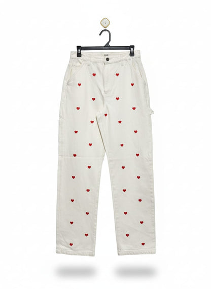 COTTON ON |L| WAIST 30| white or ecru utility jeans with a red heart embroidered pattern