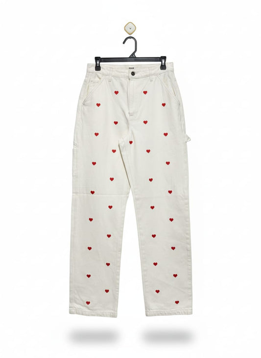 COTTON ON |L| WAIST 30| white or ecru utility jeans with a red heart embroidered pattern