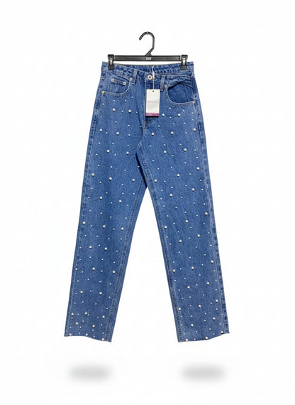 BEGINNING |M| WAIST 28| High-Waisted, Straight-Leg Jeans Embellished With Faux Pearls