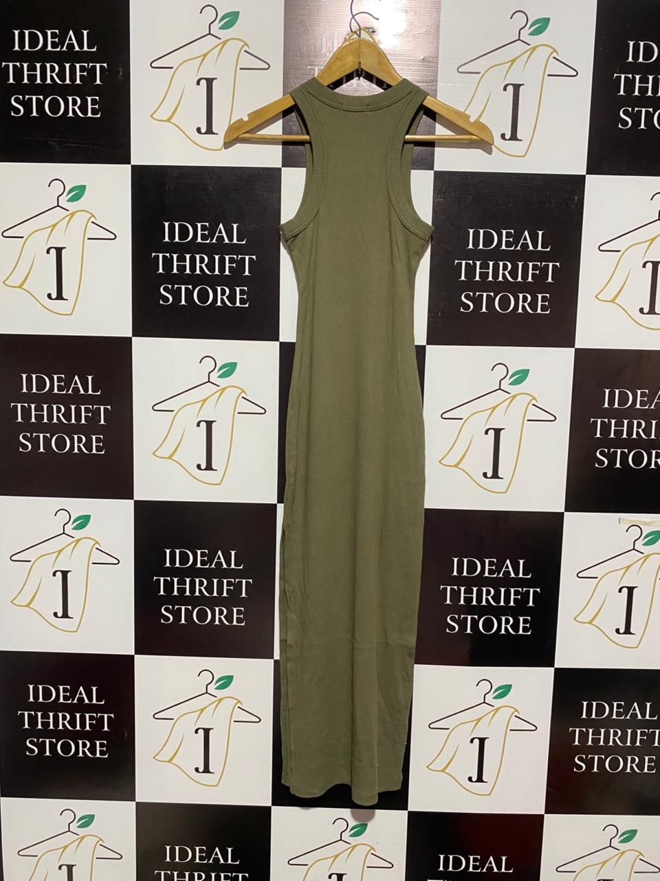 GLASSONS |XS| BUST 11| Khaki Green Ribbed Midi Dress