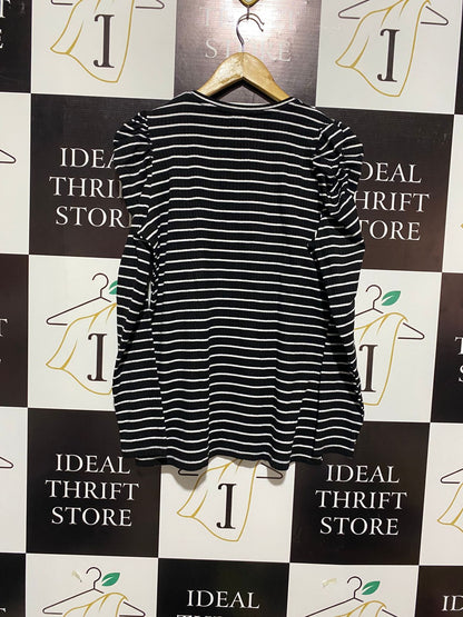 PAPAYA |M| BUST 19| Striped Knit with Poplin Puff Sleeve Top
