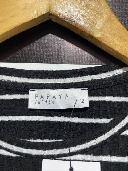 PAPAYA |M| BUST 19| Striped Knit with Poplin Puff Sleeve Top