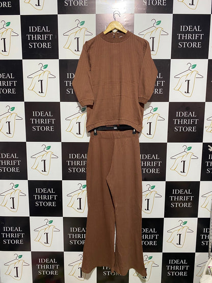KHAADI |S| Brown Ribbed Knit Wide Leg Pants Set