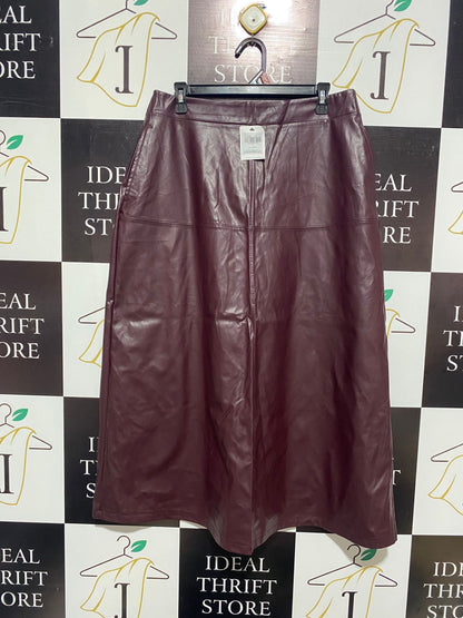 TU WOMAN |L| WAIST 32|  burgundy faux-leather A-line midi skirt