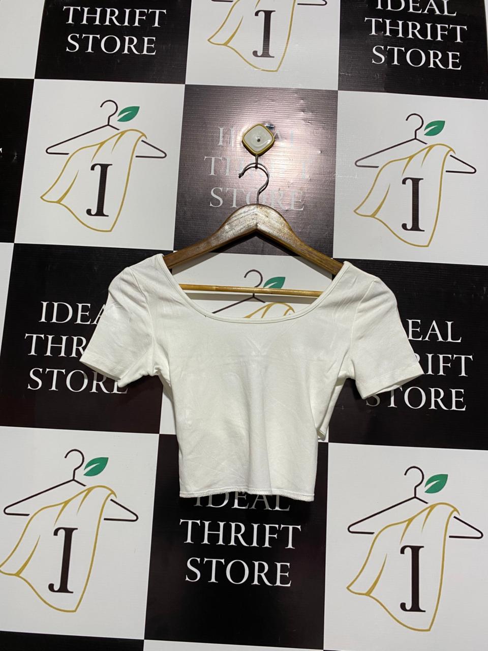 Criss-Cross Wrap Front|S| BUST 13| White Short-Sleeve Crop Top