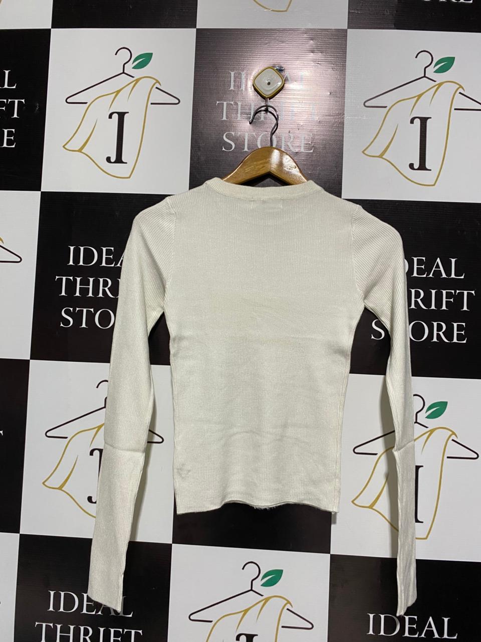 GLASSONS |S| BUST 13| Off-White/Oatmeal) Ribbed Long-Sleeve T-Shirt