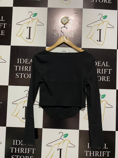 SUPRE |M| BUST 15| Black Long-Sleeve Corset-Style Crop Top