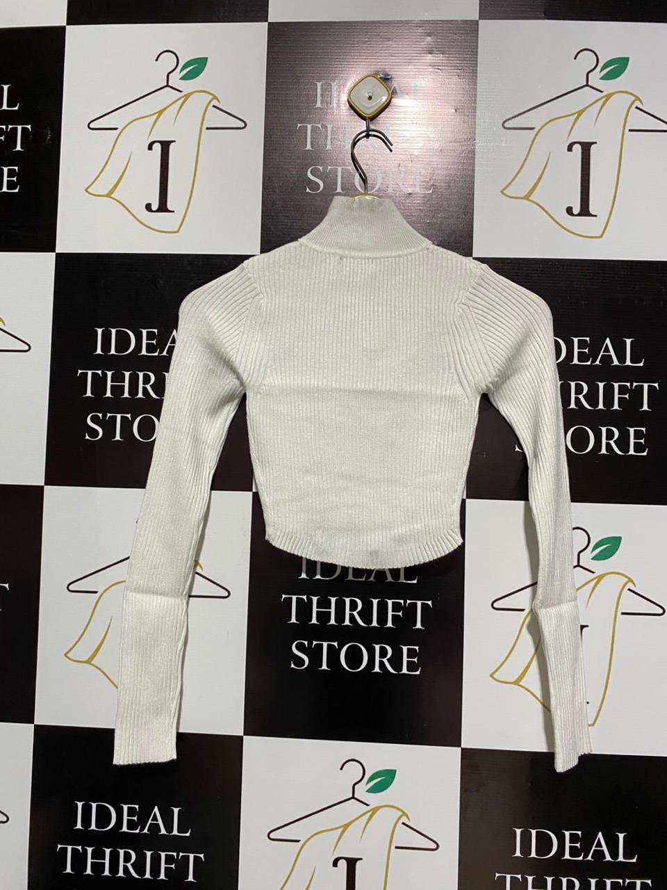RUMOR |S/M| BUST 11| White Ribbed Knit Long-Sleeve Crop Top