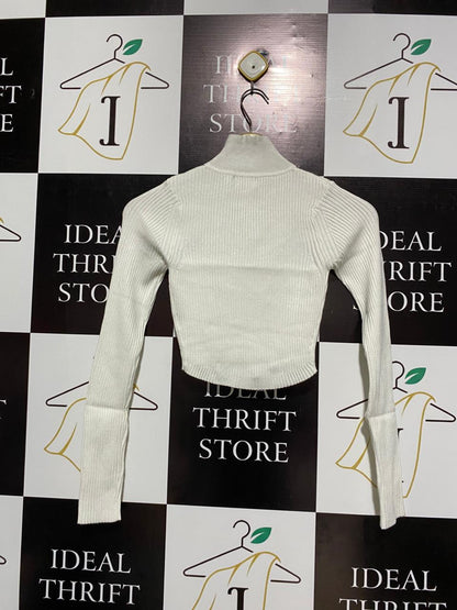 RUMOR |S/M| BUST 11| White Ribbed Knit Long-Sleeve Crop Top
