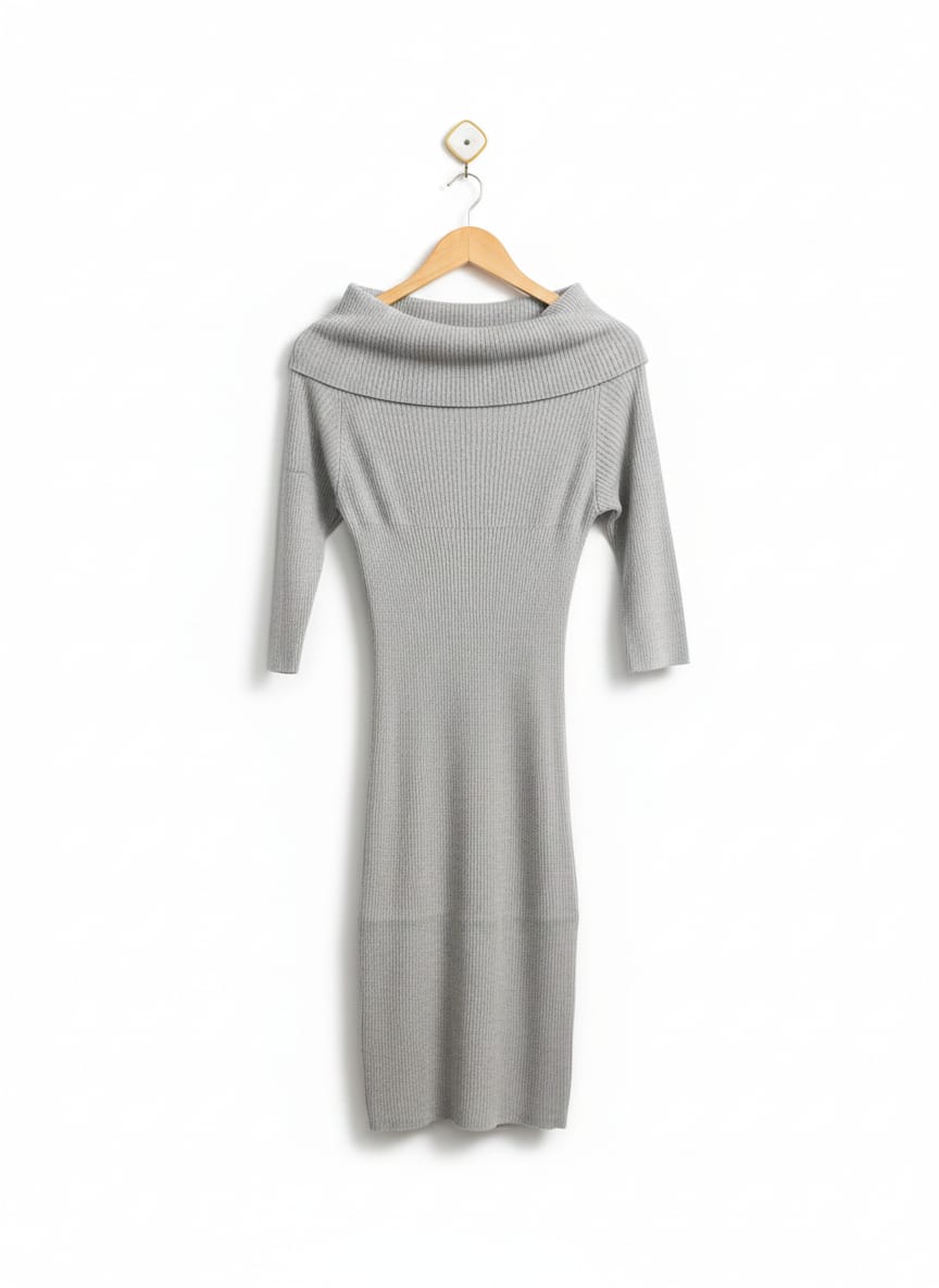 WHITE CLOSET |M| BUST 14| Grey Ribbed Knit Dress