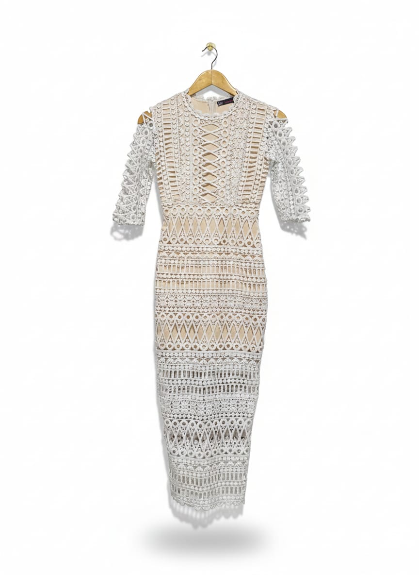 SWAROVSKI |M| BUST 15| White/Cream High-Neck Midi Dress