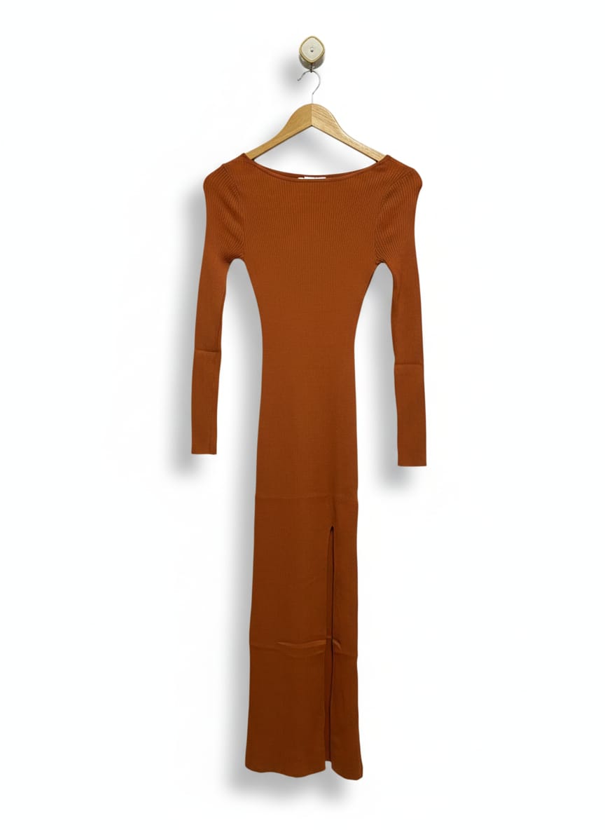 SUPRE |S| BUST 12| Rust or Brown-Colored Ribbed Knit Midi Dress