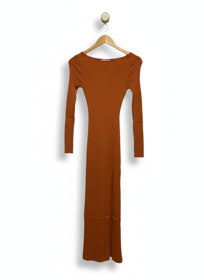 SUPRE |S| BUST 12| Rust or Brown-Colored Ribbed Knit Midi Dress