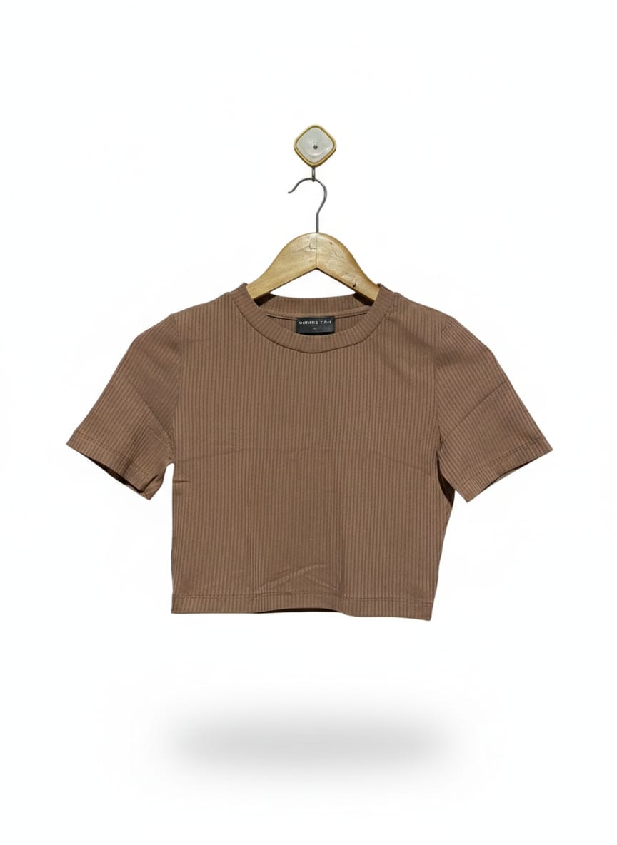 WHITE FOX |S| BUST 15| Brown Ribbed Short-Sleeve Crop Top