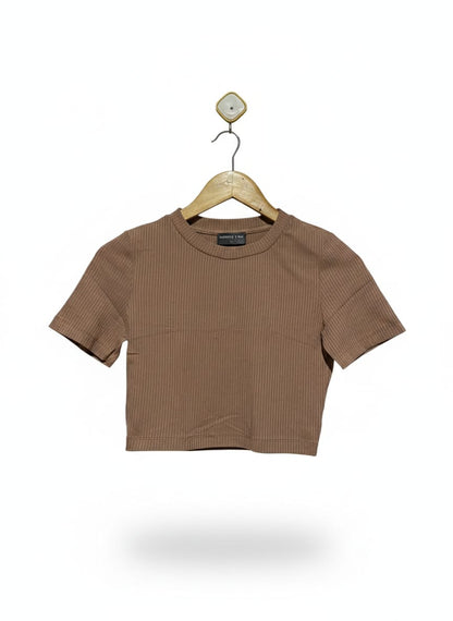WHITE FOX |S| BUST 15| Brown Ribbed Short-Sleeve Crop Top