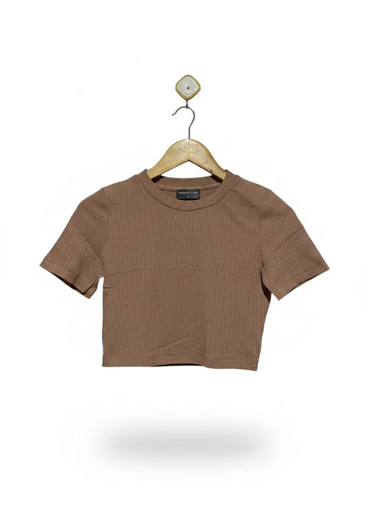 WHITE FOX |S| BUST 15| Brown Ribbed Short-Sleeve Crop Top