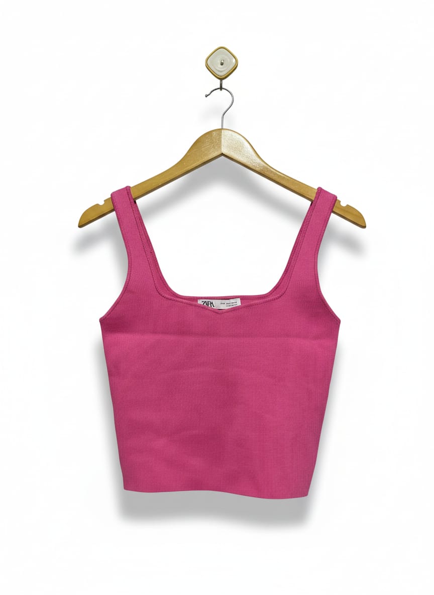 ZARA |S| BUST 14| Fuchsia Pink Square-Neck Ribbed Crop Top