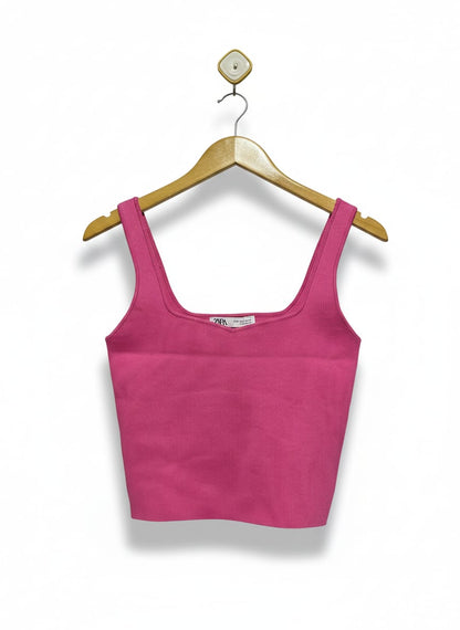 ZARA |S| BUST 14| Fuchsia Pink Square-Neck Ribbed Crop Top
