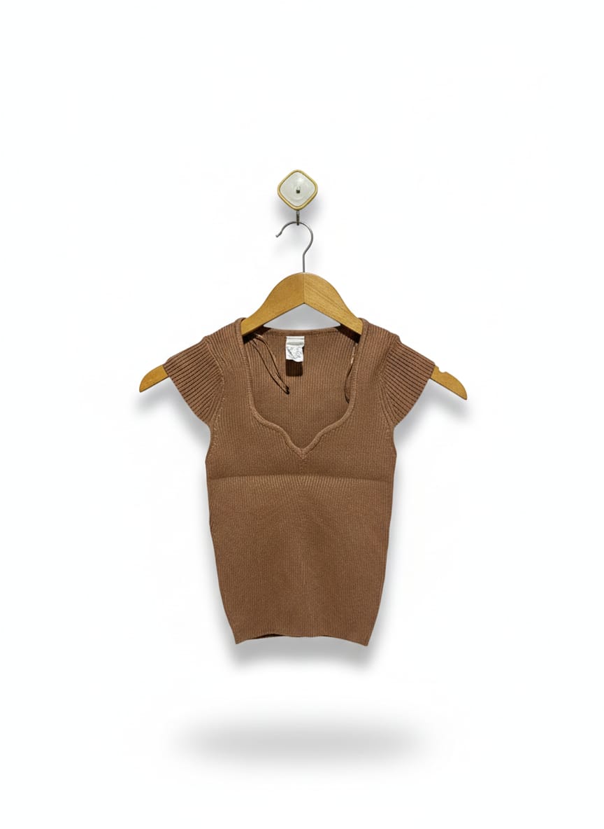 ANKO |XS| BUST 10| Brown Ribbed Knit V-Neck Top