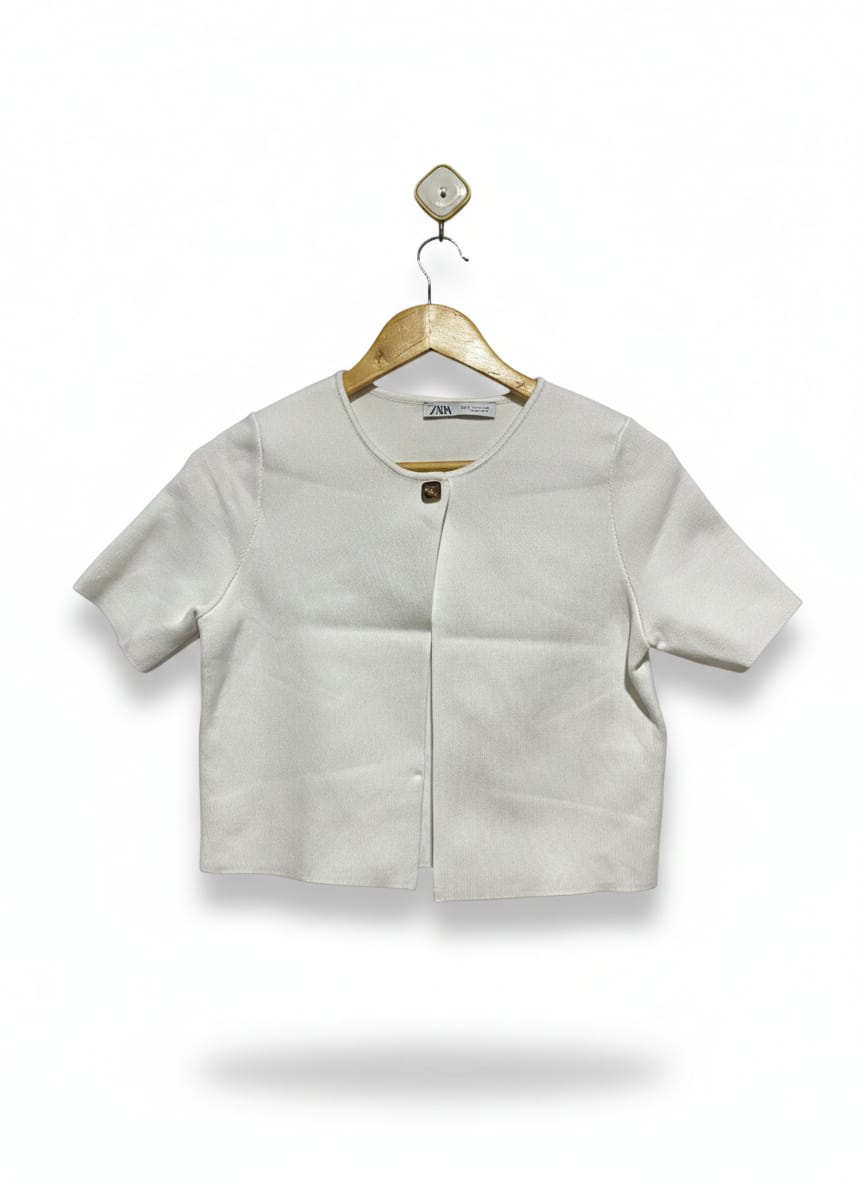 ZARA |S| BUST 16|C2| White Short-Sleeve Crop Cardigan