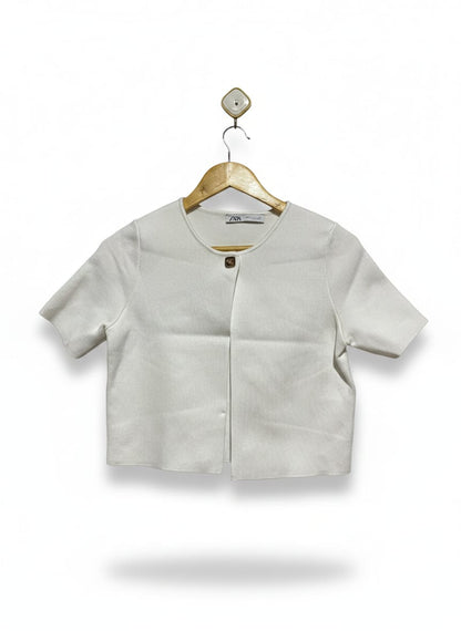 ZARA |S| BUST 16|C2| White Short-Sleeve Crop Cardigan