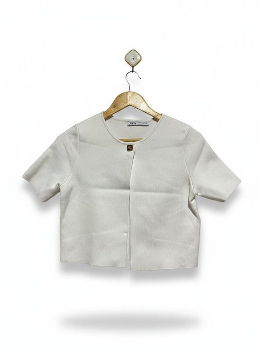 ZARA |S| BUST 16|C2| White Short-Sleeve Crop Cardigan