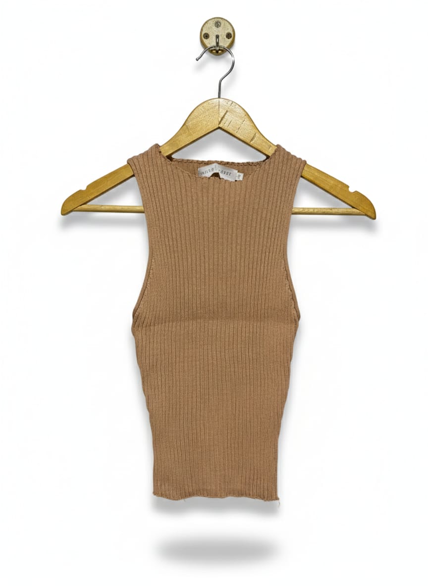 WHITE CLOSET |M| BUST 9| Taupe or Beige Ribbed Mock-Neck Sleeveless Top
