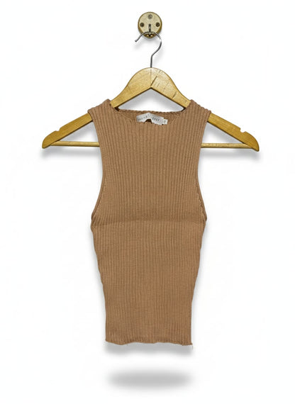 WHITE CLOSET |M| BUST 9| Taupe or Beige Ribbed Mock-Neck Sleeveless Top
