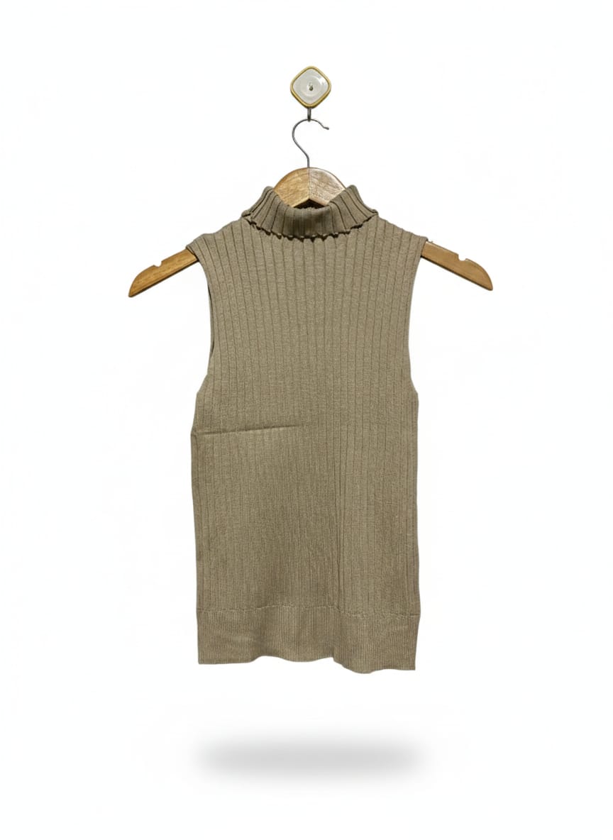 Taupe or Olive-Beige Ribbed Mock-Neck Sleeveless Top |S| BUST 11|