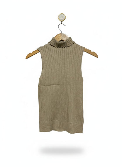 Taupe or Olive-Beige Ribbed Mock-Neck Sleeveless Top |S| BUST 11|