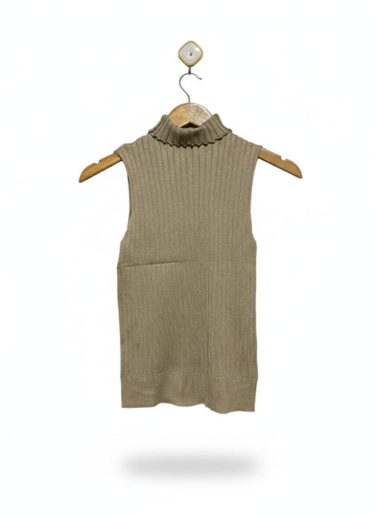 Taupe or Olive-Beige Ribbed Mock-Neck Sleeveless Top |S| BUST 11|