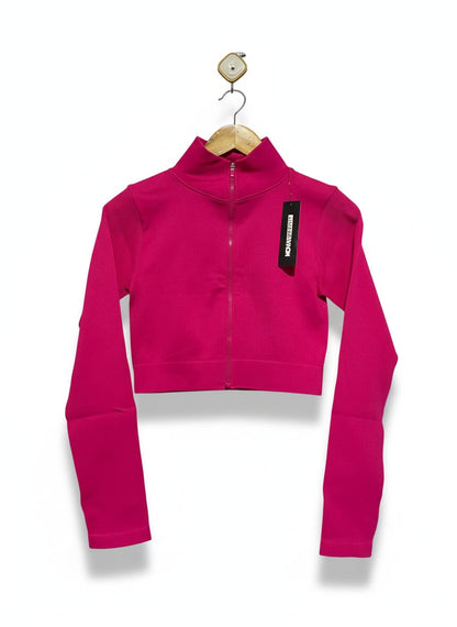 NOVA SPORT |M| BUST 15| Hot Pink Ribbed Long-Sleeve Crop Top With a Full Zip