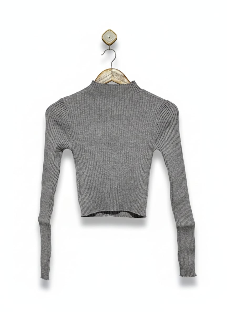 SHEIN |S| BUST 12| Grey Ribbed Mock-Neck Crop Sweater