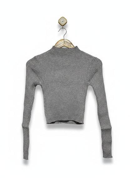 SHEIN |S| BUST 12| Grey Ribbed Mock-Neck Crop Sweater