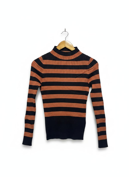 PORTMONS |L| BUST 14| black and orange striped ribbed turtleneck sweater