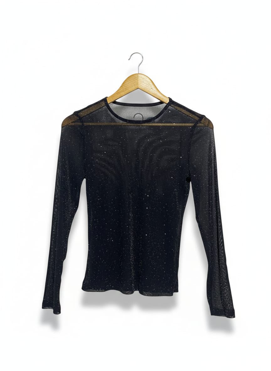 SHEIN |M|BUST 14| Black Sheer Mesh Long-Sleeve Top