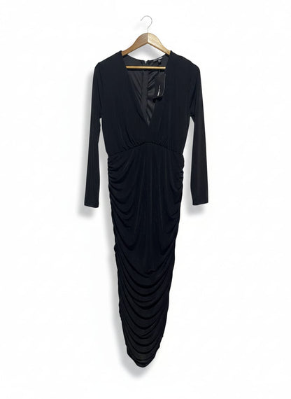 FASHION NOVA |XL| BUST 17| Black Long-Sleeve V-Neck Ruched Midi Dress