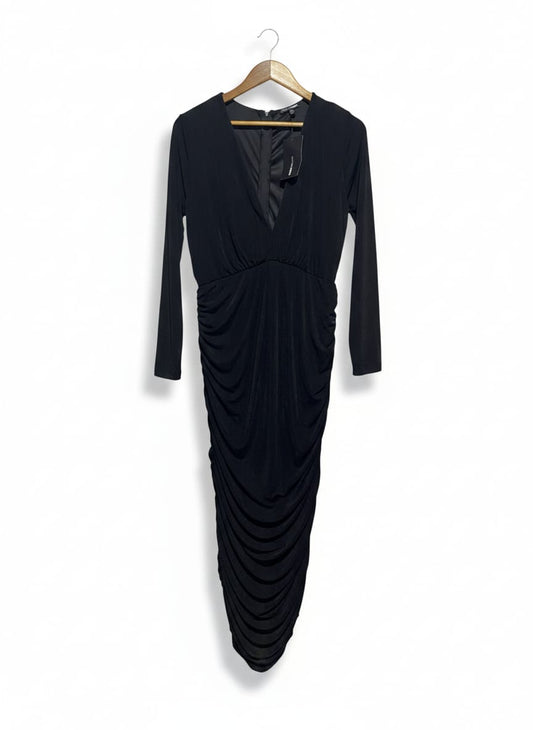 FASHION NOVA |XL| BUST 17| Black Long-Sleeve V-Neck Ruched Midi Dress