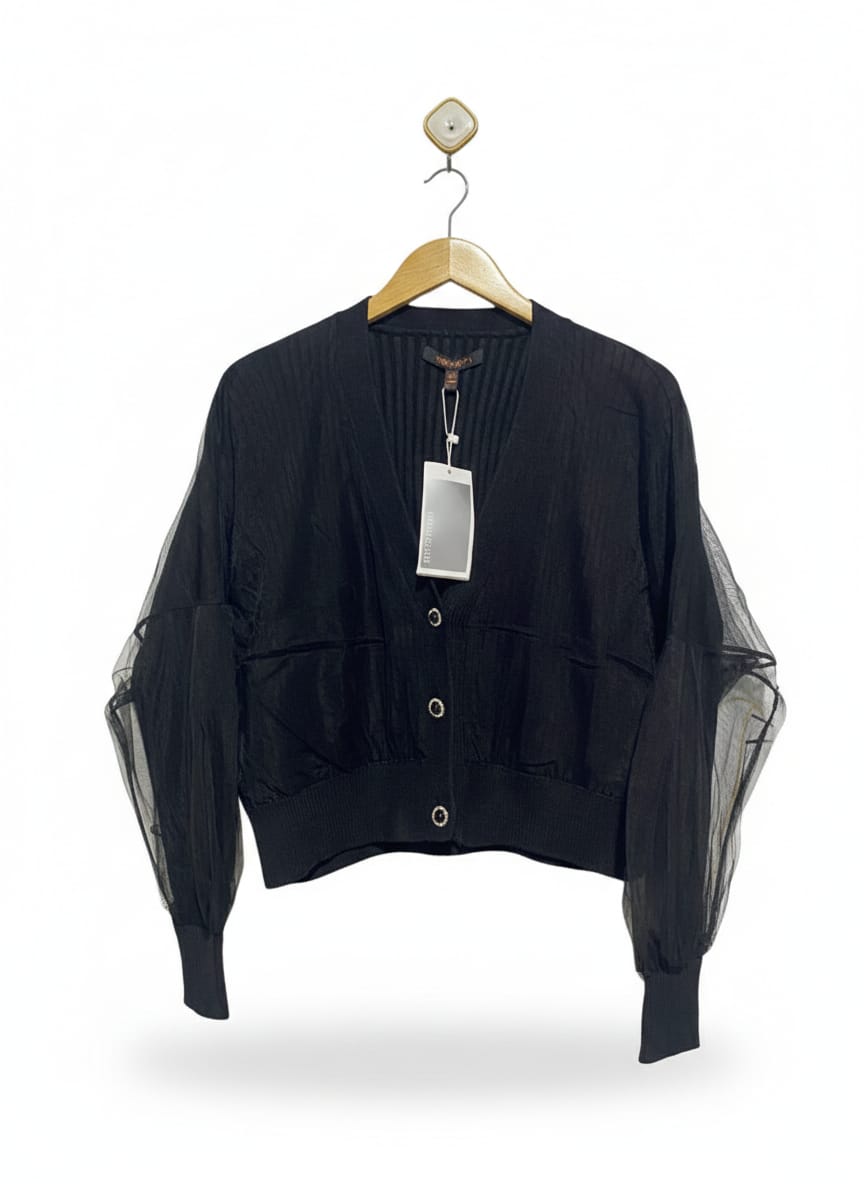 URBAN REVIVO |M| BUST 21| Black Cardigan With Sheer Organza Puff Sleeves