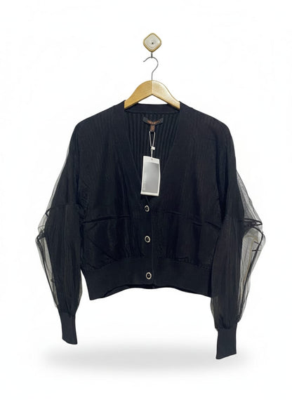 URBAN REVIVO |M| BUST 21| Black Cardigan With Sheer Organza Puff Sleeves